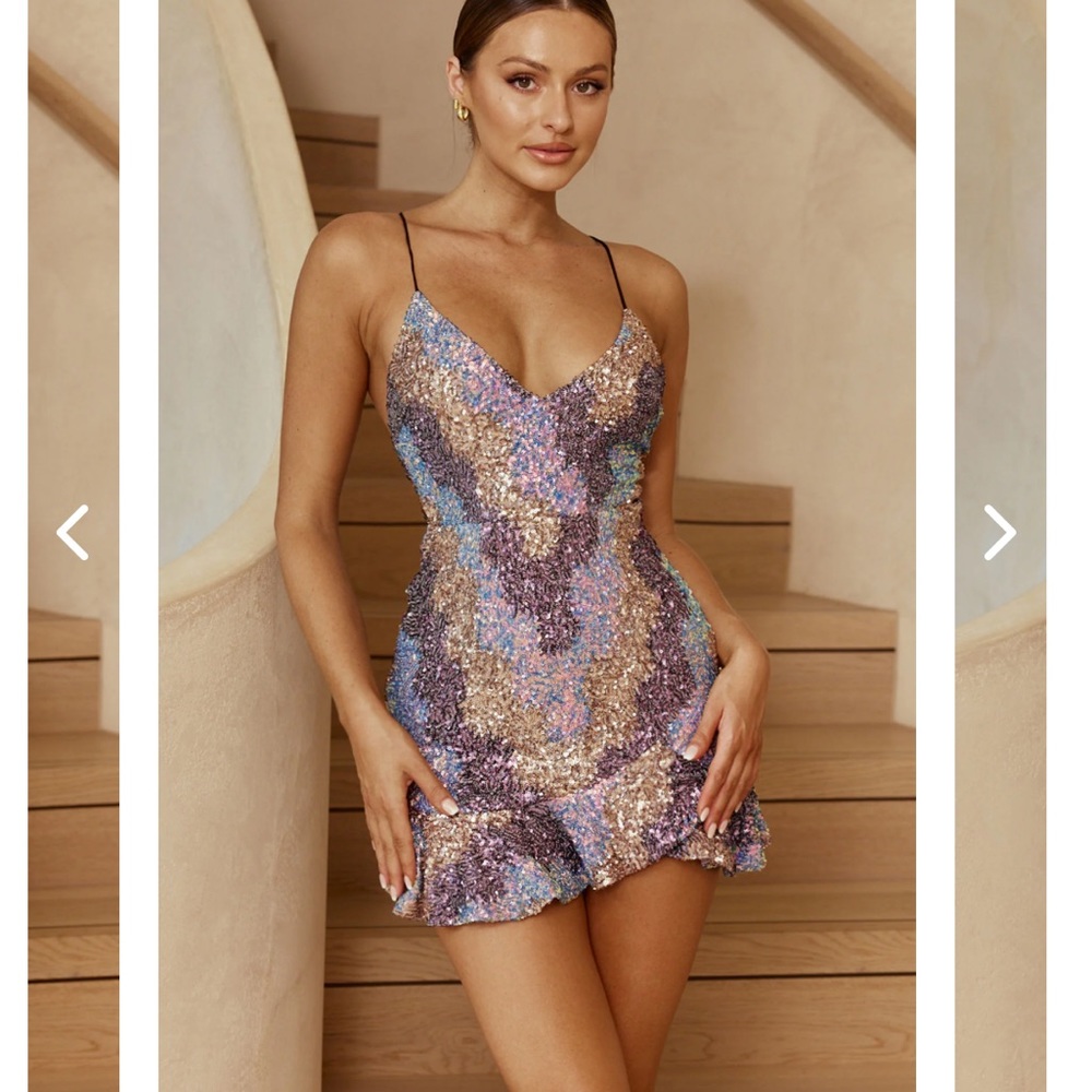 TAKE NOTE CAMI STRAP CRISS-CROSS BACK MINI DRESS SEQUIN ROSE/LILAC
